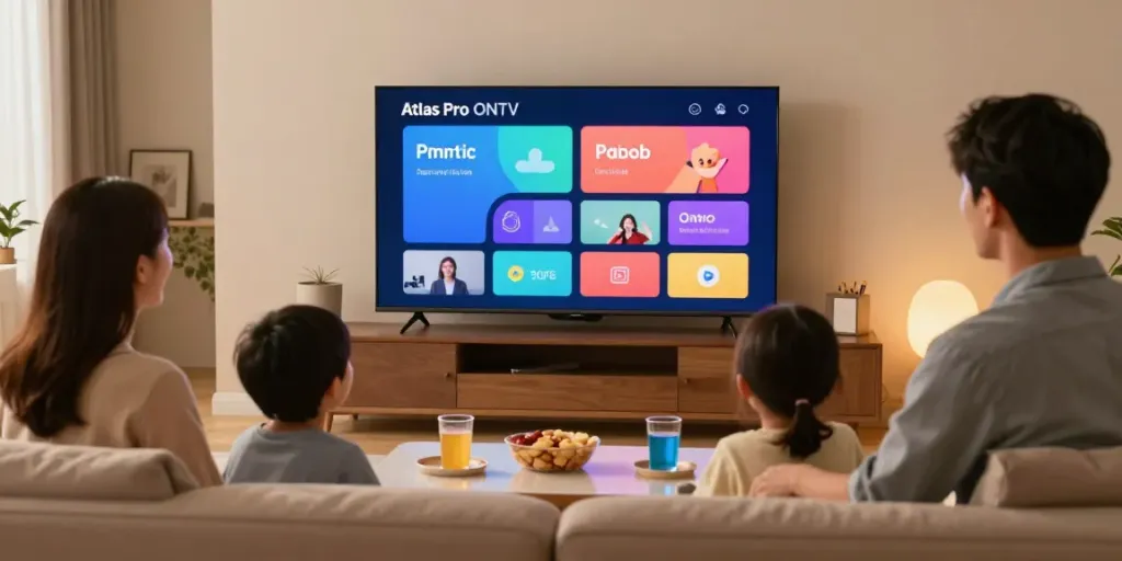 Famille profitant de l'application Atlas Pro ONTV sur un téléviseur intelligent dans un salon confortable.