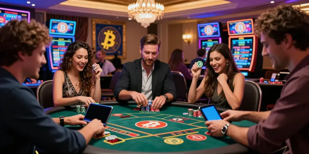 Scène de casino Bitcoin animée avec des joueurs engagés autour d'une table de jeux, montrant l'excitation et l'énergie d'un casino moderne.