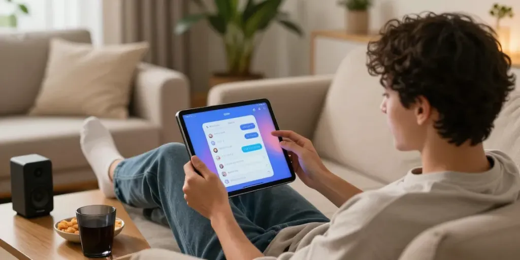 Engaging NSFW AI chat scene with a relaxed person interacting with a digital character on a tablet in a cozy setting.