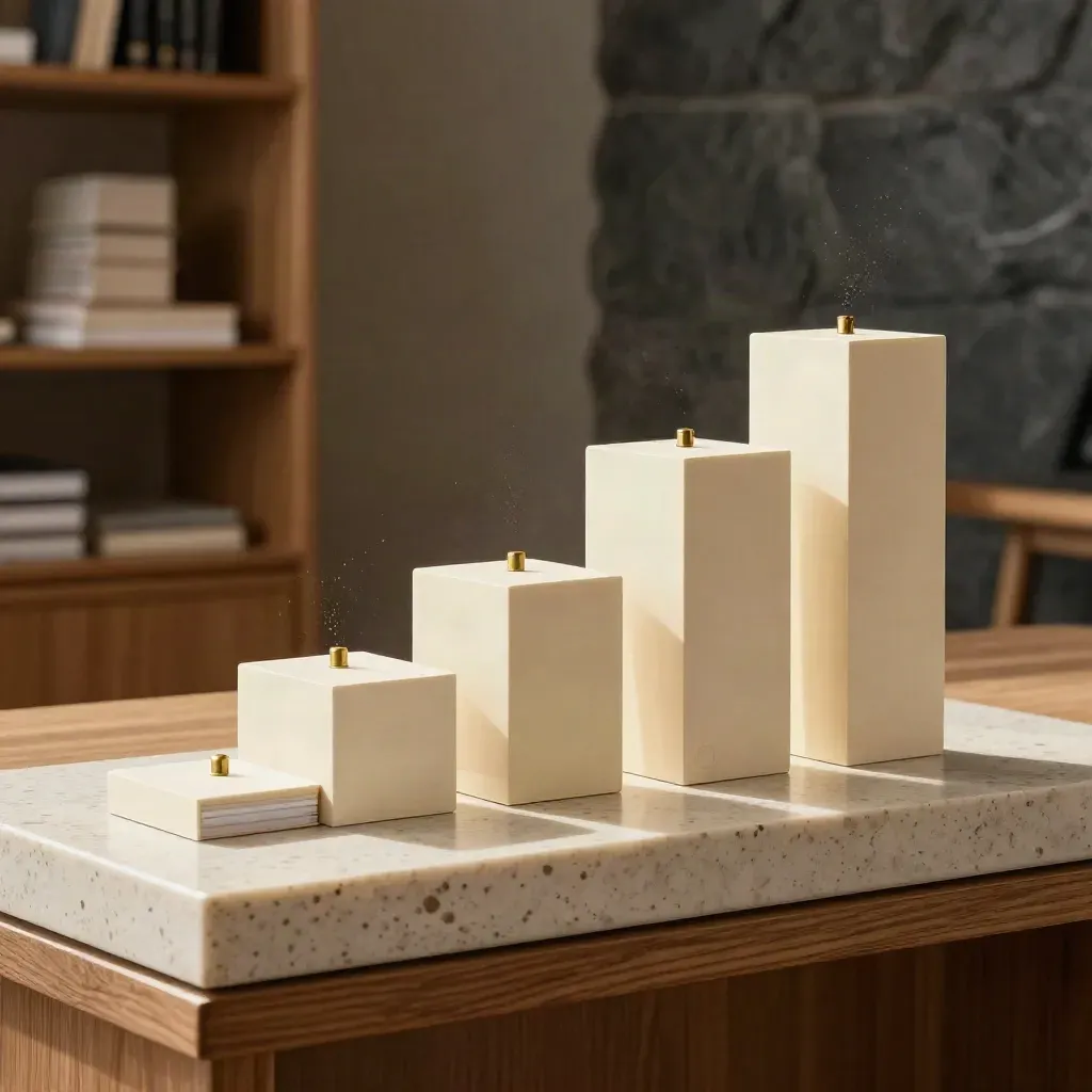 Trois blocs modulaires d’une feuille de route de croissance sur travertin, lumière rasante.