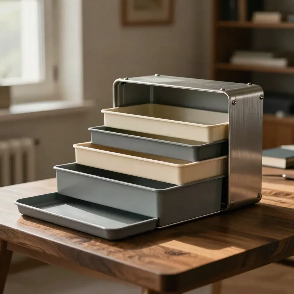 Bacs imbriqués, séparateurs sobres et étui métallique sur surface mate, lumière de fin d’après-midi.