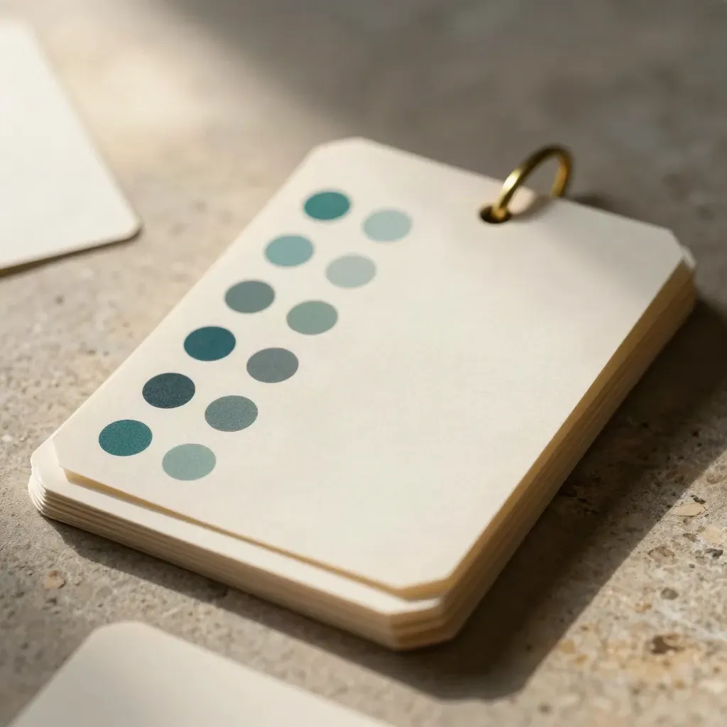 Système de positionnement avec cartes décalées, pastilles sourdes et feuillet crème sur surface claire.