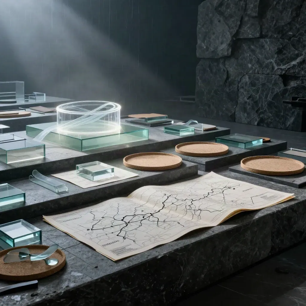 Atelier de stratégie premium en pierre sombre, maquettes de trajectoire et cartes pliées sous une lumière de pluie.