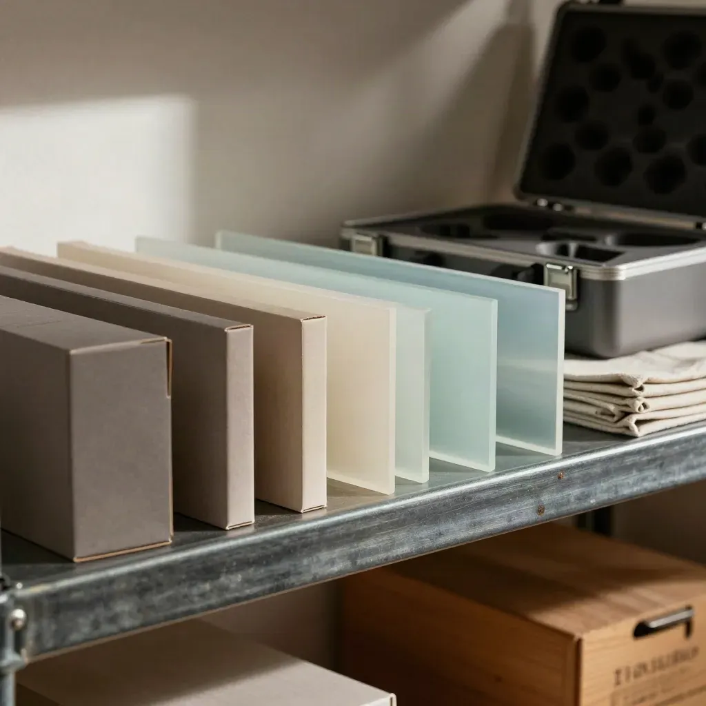Étagère de lancement épurée, kits de service et échantillons alignés dans une lumière chaude.