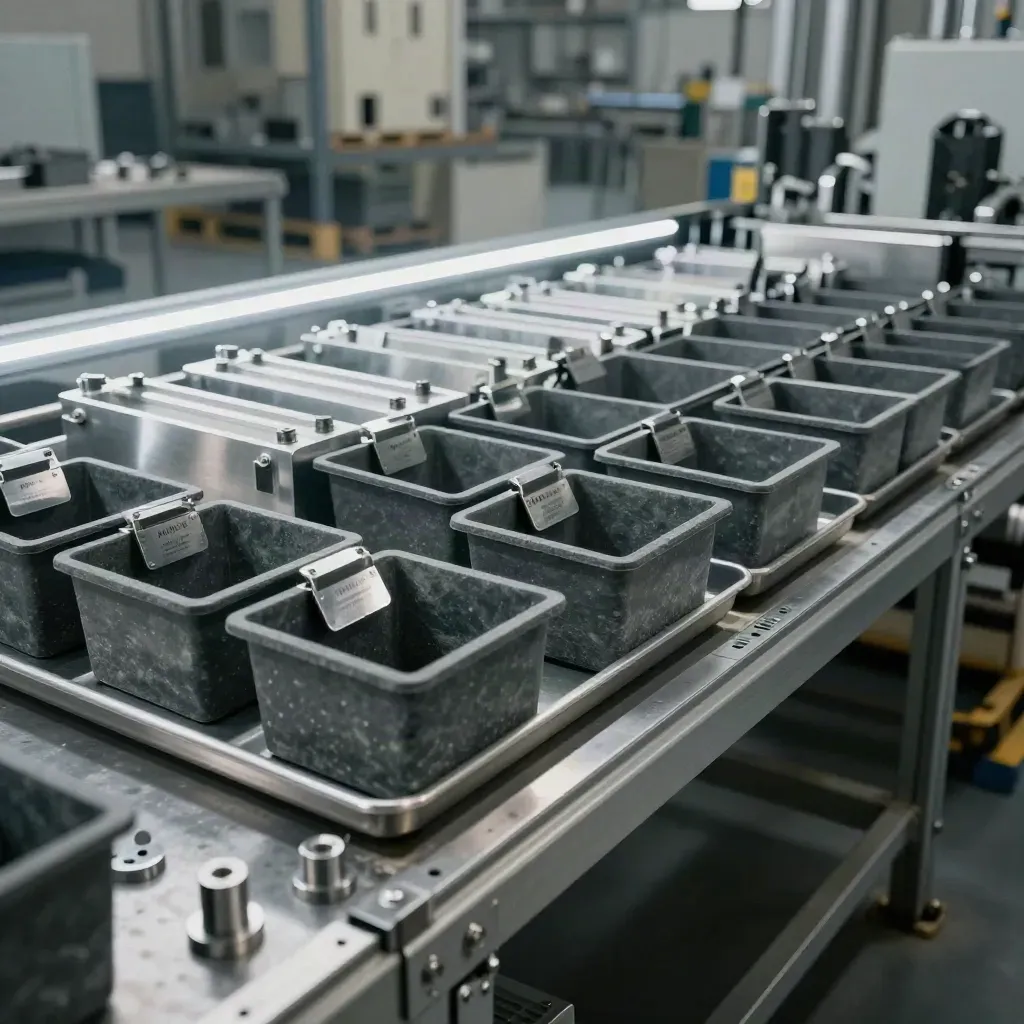 Atelier industriel organisé avec bacs métalliques, pièces groupées et lumière froide.