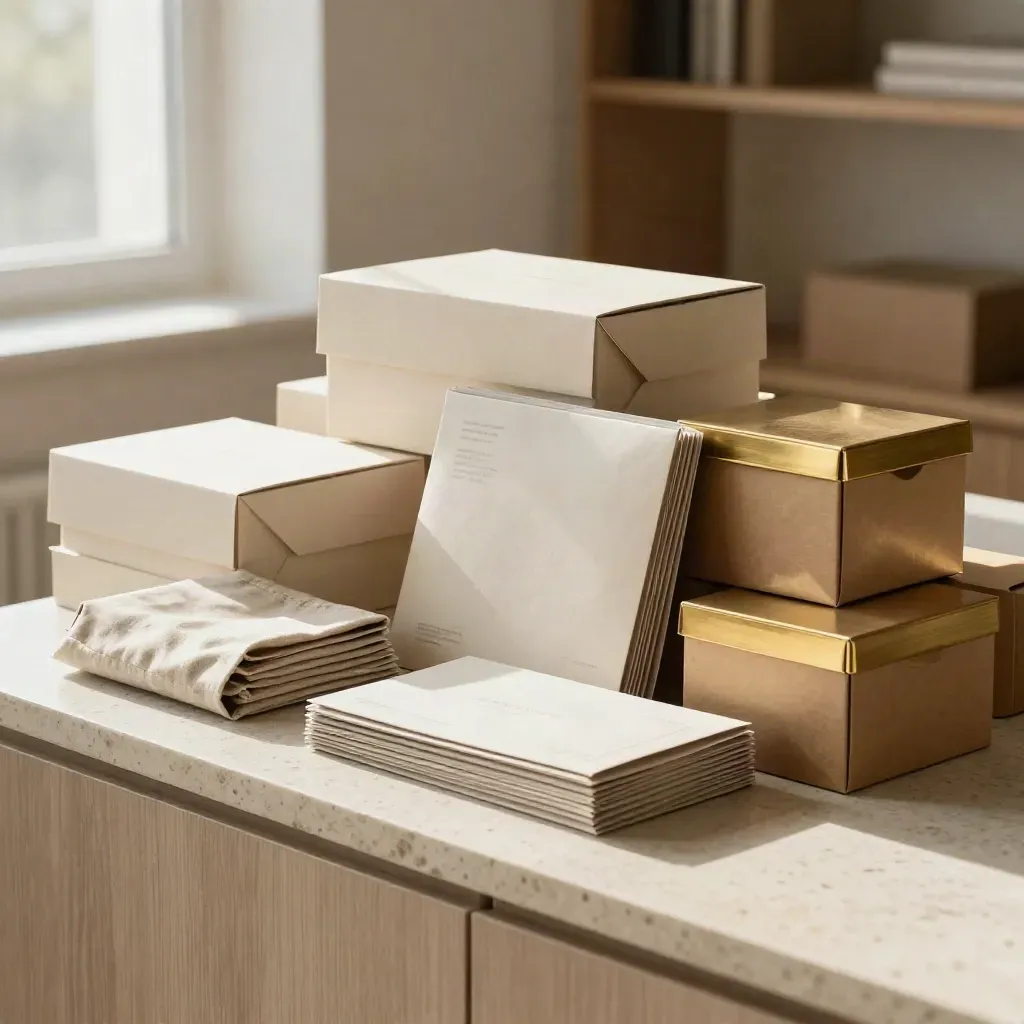 Kits de service et colis premium rangés dans un bureau lumineux et chaleureux.