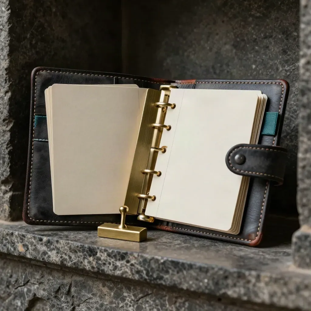 Folio cuir et cartes modulaires sur pierre, éclairage dramatique et ton premium.