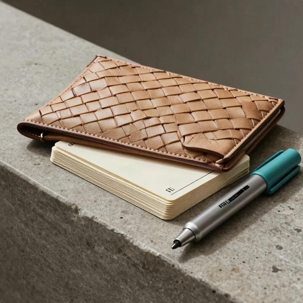 Pochette cuir tissée, cartes crème et marqueur métallique sur pierre, lumière rasante.