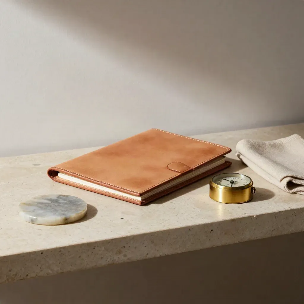 Folio en cuir, sous-verre en pierre et minuteur en laiton sur une étagère en pierre.