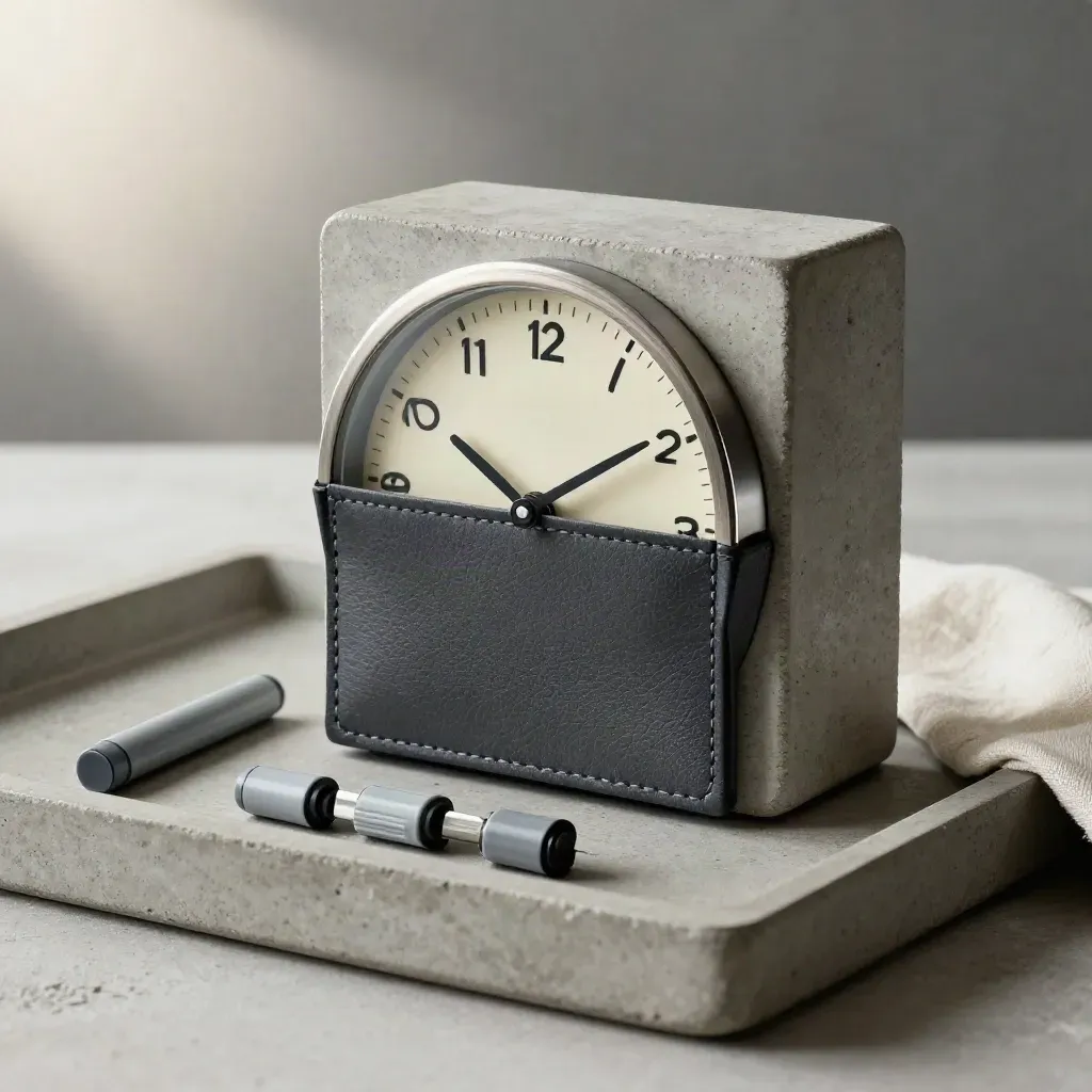 Plateau de pierre avec petite horloge, pochette cuir et cartes crème sous une lumière douce.