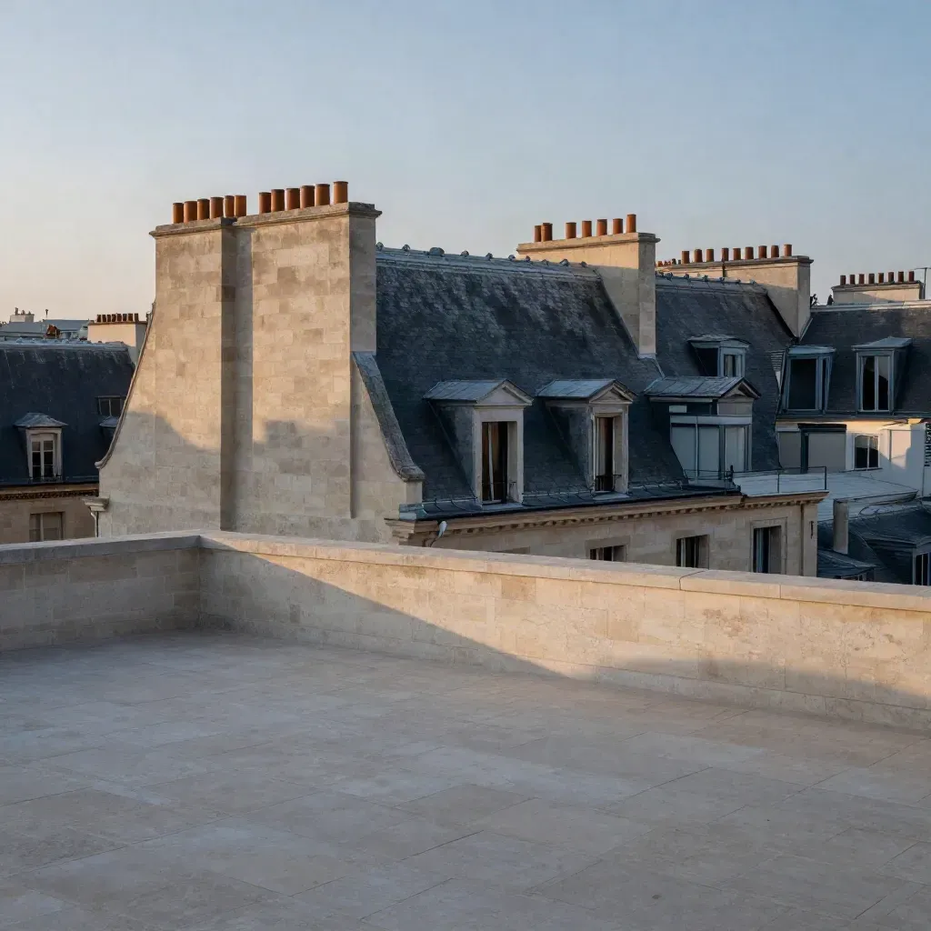 Toits haussmanniens de l’Île-de-France au crépuscule, brume bleue et pierre claire.