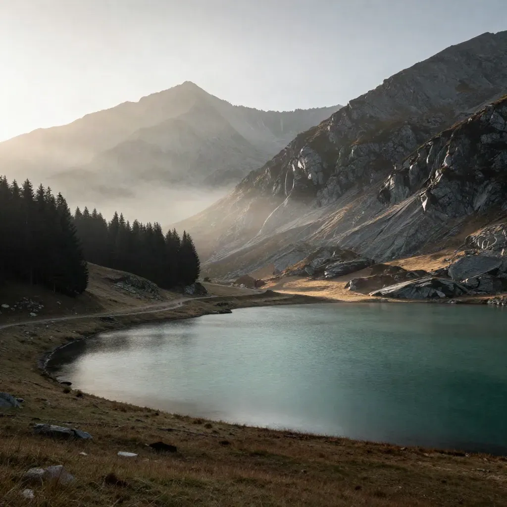 Vue alpine d’Auvergne-Rhône-Alpes avec lac calme, brume matinale et crête au loin.