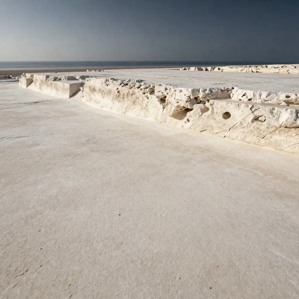 Surface de calcaire pâle face à la mer, horizon méditerranéen flou, lumière douce.
